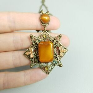 Vintage Art Deco Glass Necklace 1920s Filigree Brown Pendant Enamel Leaves Fall